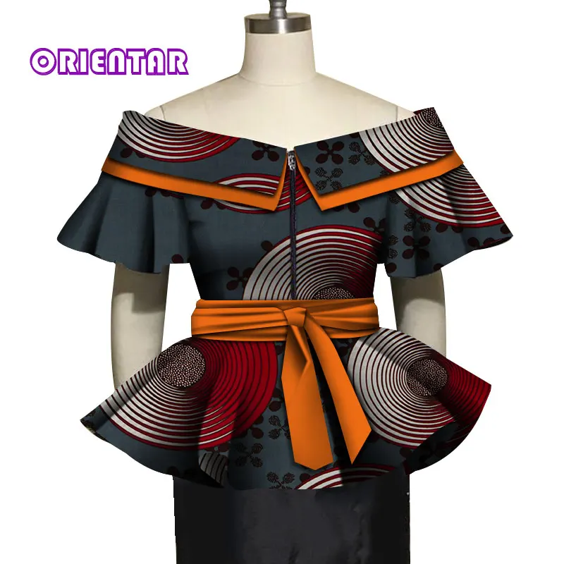 Fashion African Tops for Women Bazin Riche Africa Blouse Slash Neck Cotton Shirt with Waist Belt Lady African Clothes WY5021 african gowns Africa Clothing