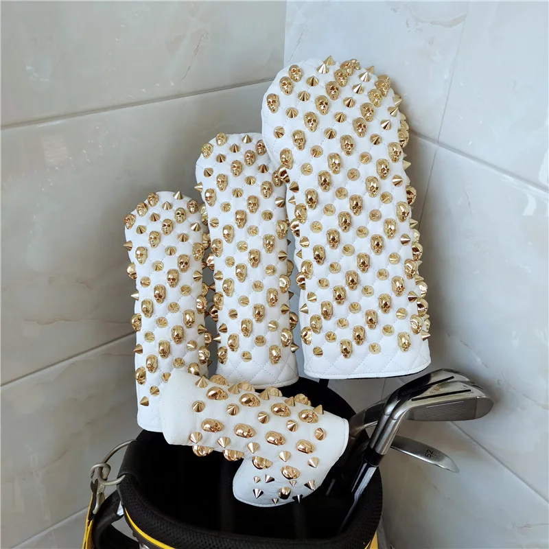 

GOLD SKULL NAILS golf driver headcover WHITE PU leather golf club fw ut woods putter cover WHITE PU for man women