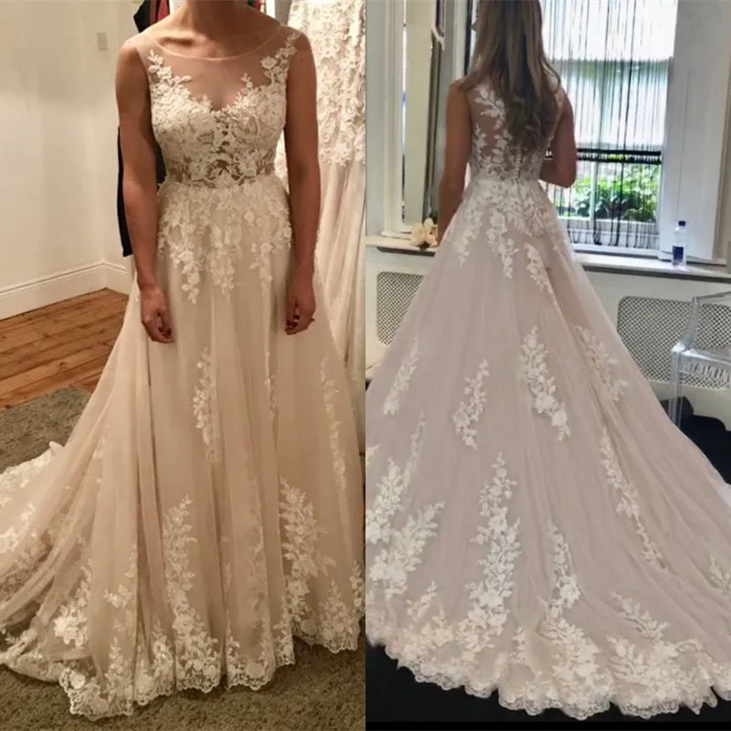 

O-Neck Wedding Dresses 2020 Lace Applique Sleeveless Vestido De Noiva Custom Made Plus size Bridal Dress Back Button