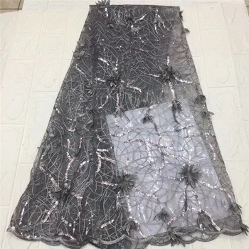 

Latest African Net Lace Fabric 2020 gray High Quality Sequins Nigerian 3d flower Lace Fabrics 5Yards French Tulle Lace Material