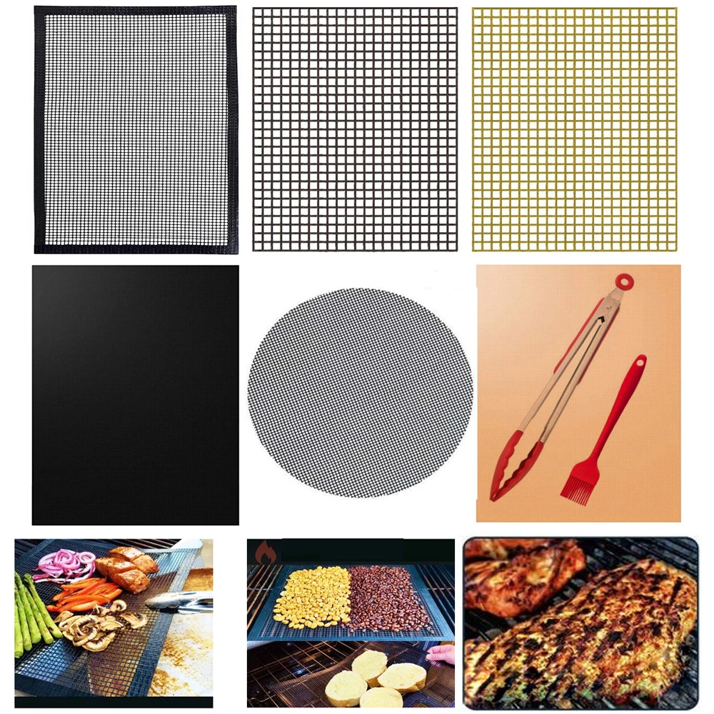 Non-stick Barbecue Mat Reusable Heat-Resistant BBQ Baking Pad Foil Oilpaper with Food Clip Oil Brush Baking Net Liner