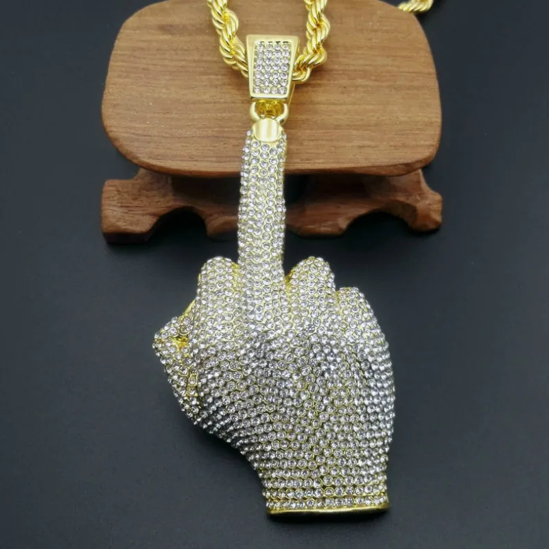 

Hip Hop Men Gold color Full Rhinestone Big Middle Finger Pendants Necklaces with 30inch long Twist chain for mens jewelry