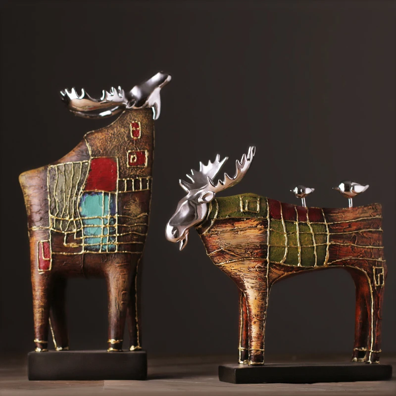 

Oil Painting Style Couple Two Silver Birds Stand On The Antelope Statue Sculpture Resin Furnishing Home Decor Accessories Gifts