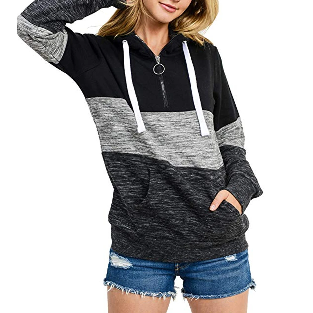 OEAK Womens Long Sleeve Winter Hooded Hoodies Zip Up Color Patchwork Tops Casual Loose Sweatshirt with Pocket Plus Size