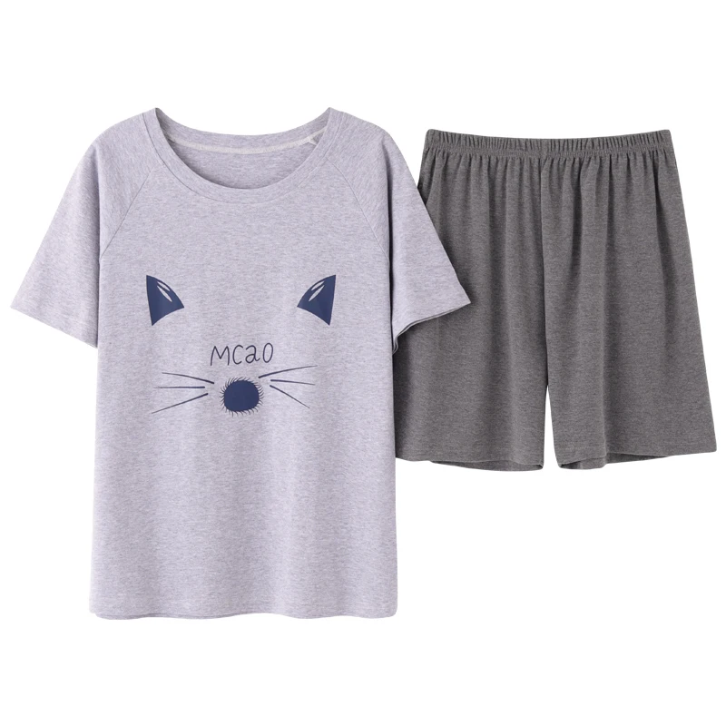 

Caiyier Women Cartoon Cat Print Pajamas Set Cotton Short Sleeve T-Shirt Sleepwear 2020 Summer Girls Causal Nightwear M-XXL