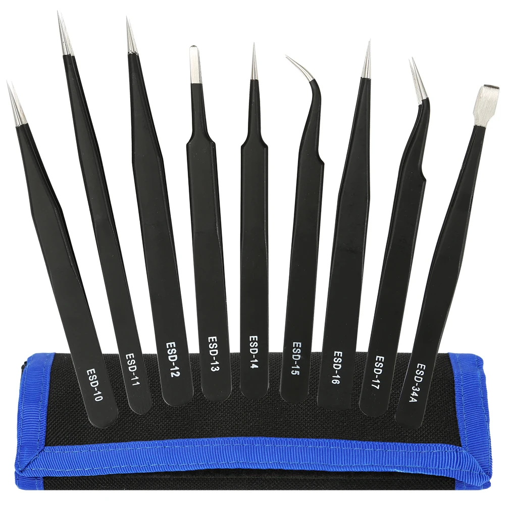 9pcs ESD Tweezer Set Anti-static Tweezers Stainless Steel Pincette With Non Magnetic for Electronics Repair Tools Mobile Phones |