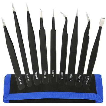 

9pcs ESD Tweezer Set Anti-static Tweezers Stainless Steel Pincette With Non Magnetic for Electronics Repair Tools Mobile Phones