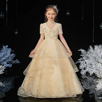 

2020Summer Luxury New Style Children Girls Sweet Champagne Color Birthday Evening Party Princess Fluffy Costumes Dress Clothes