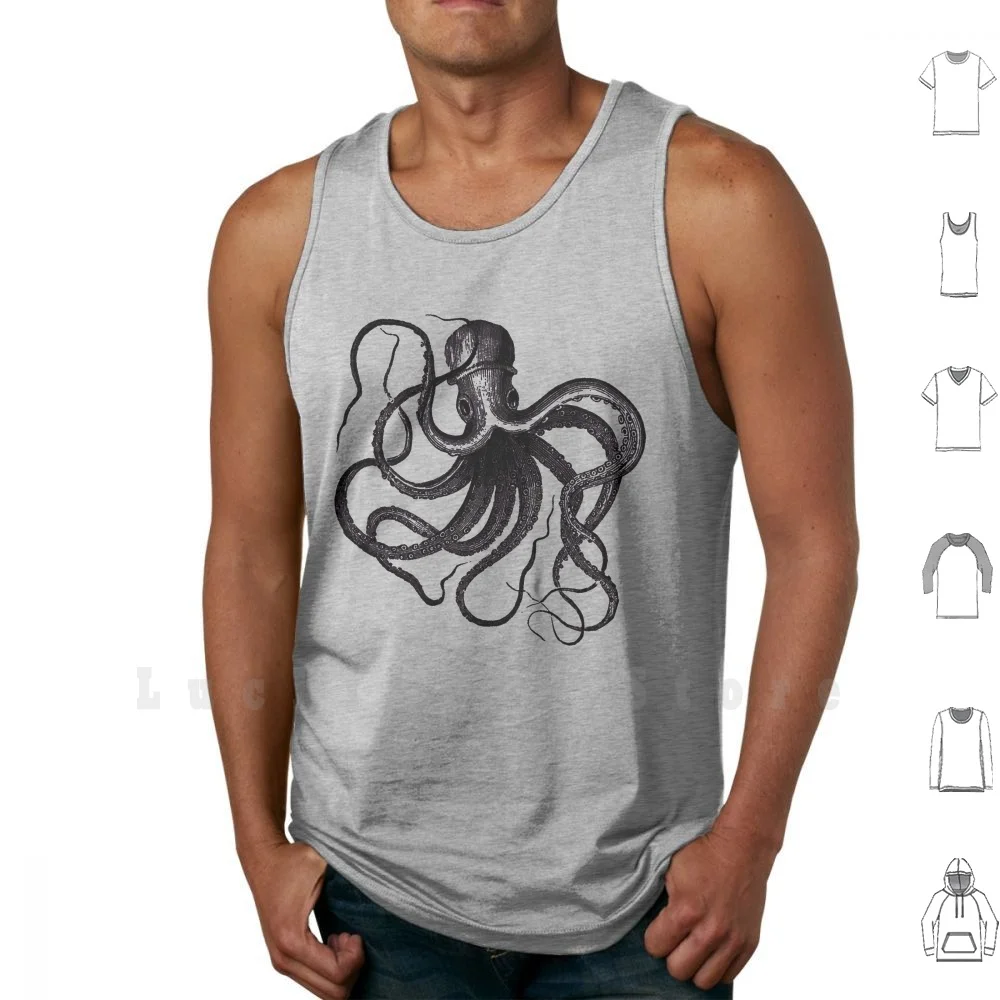 Vintage Octopus Illustration Canotte Gilet Senza Maniche Octopus Kraken Ocean Beach Rustico Stravagante