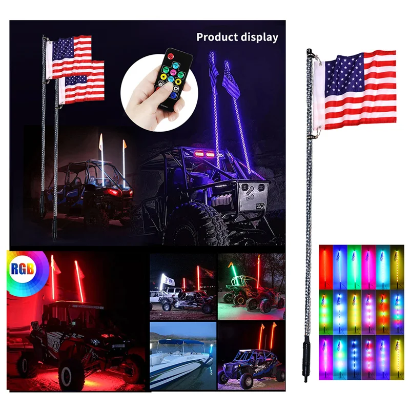 

3FT Remote Controlled Flagpole Lamp Light RGB Multiple Colors Waterproof LED Whip Lights Flag Antenna for UTV Jeep SUV ATV RZR