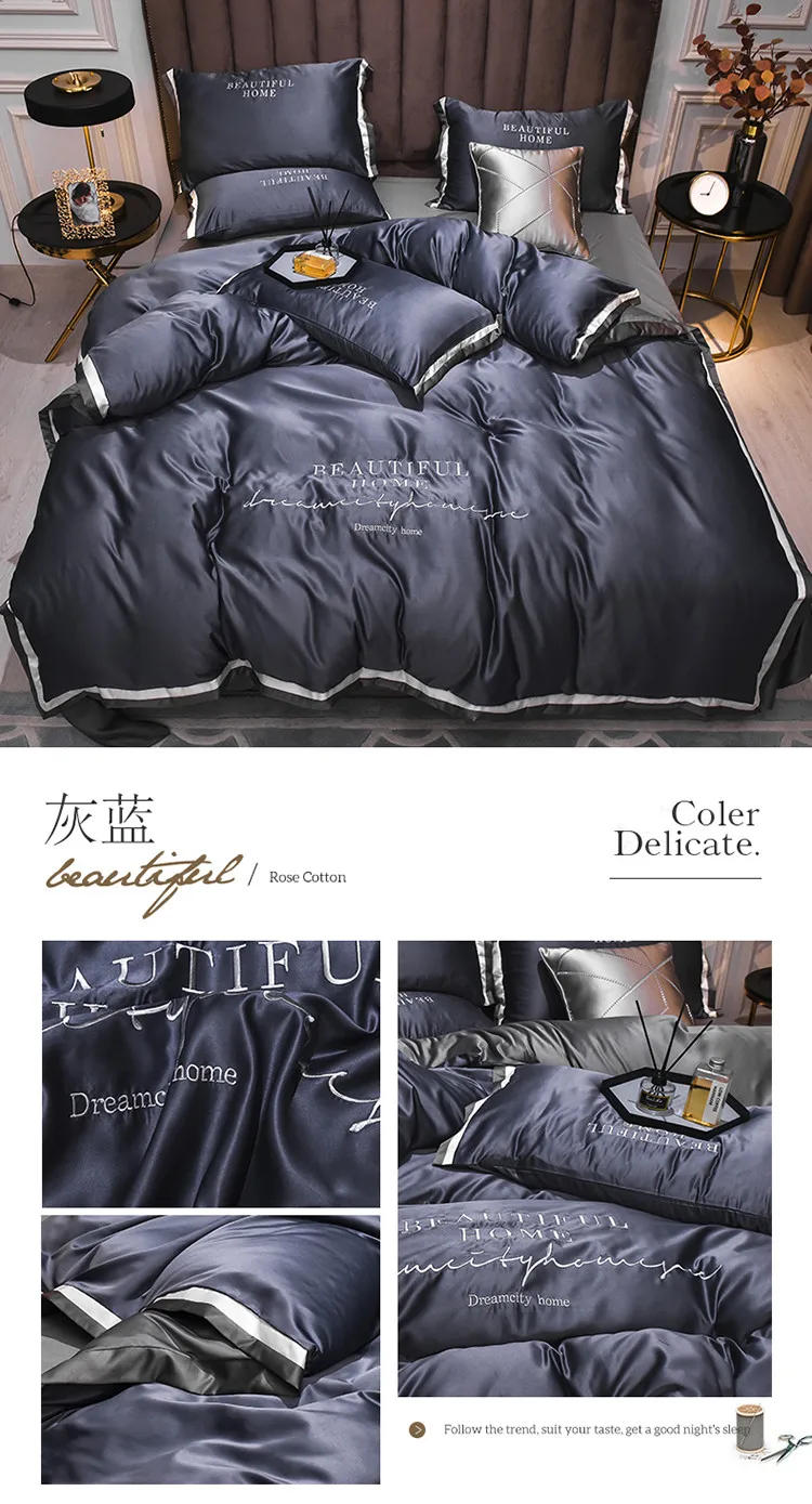 Luxury Bedding Sets Pink Grey White Rayon Embroidery Sheet Quilt Pillowcase Comfortable Soft Fluffy Bedding King Queen 4pcs