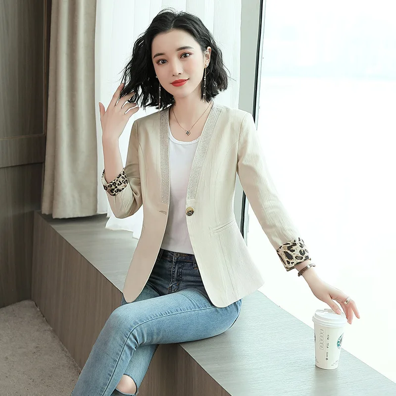 

2019 Summer New Style Fashion Elegant Short Leopord Pattern Suit Diamond Set V-neck Three-quarter-length Sleeve Career Ol Coat W