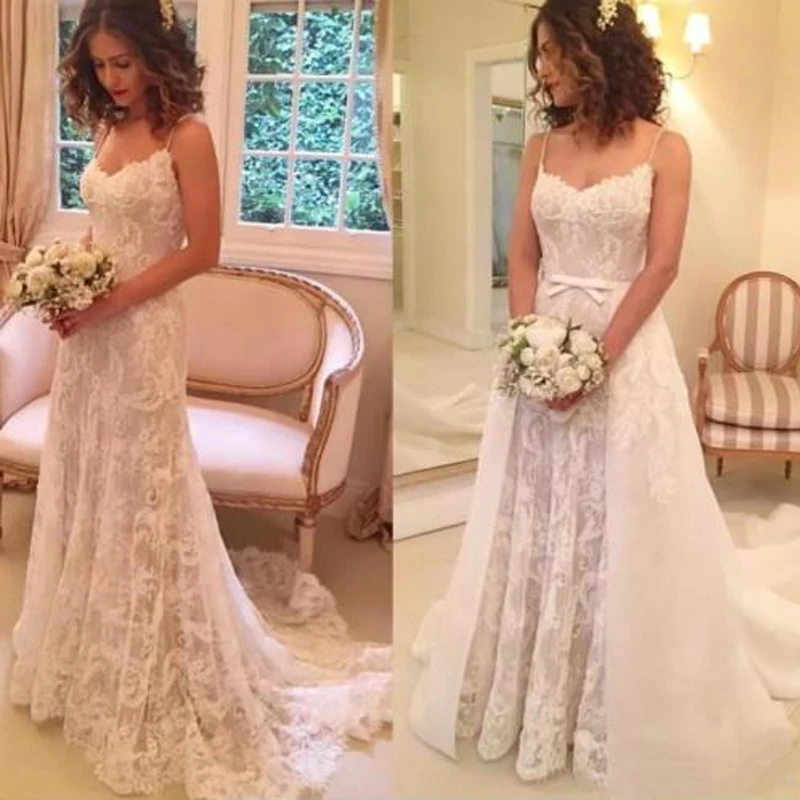 

Spaghetti Strap Wedding Gowns Removable Skirt Detachable Train Appliques Lace A-line Dresses Bride Gown Vestido De Noiva 2020
