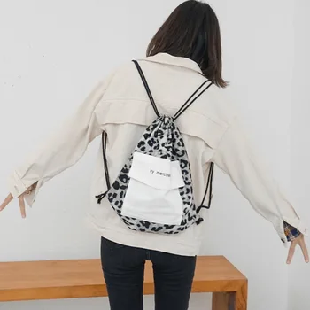 

1PC Fashion Canvas School Bags Drawstring Backpack Bag Portable Casual Leopard Knapsack for Women Mochila Saco Backpack