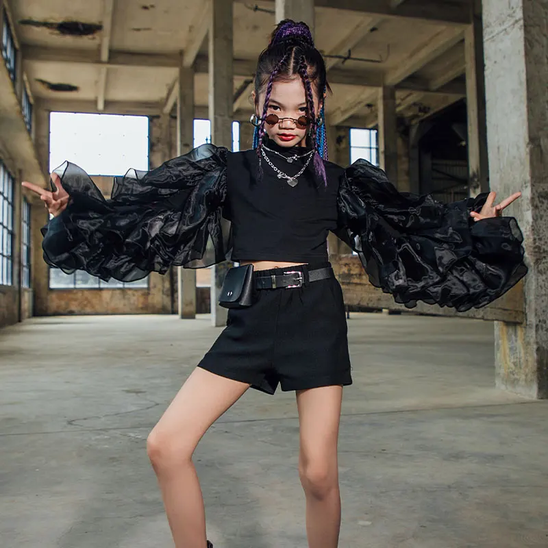 

New Street Dance Clothes For Girls Black Jazz Gauze Sleeve Costume Modern HipHop Suit Child Catwalk Show Stage Outfits DQL6132
