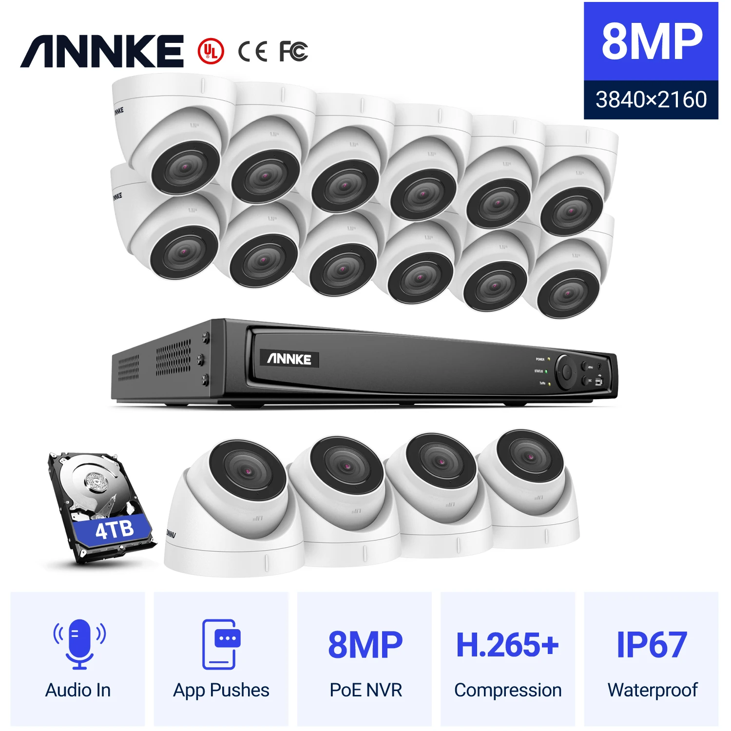 ANNKE 16CH 4K Ultra HD POE сетевая система видеонаблюдения 8MP H.265 + NVR с 16 шт. Всепогодная