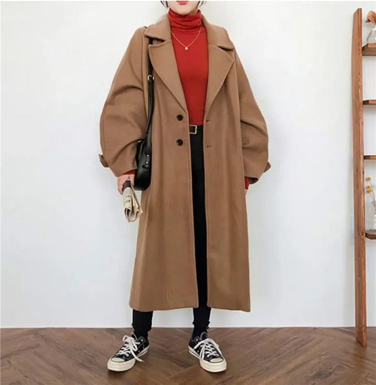 2021 Autumn Winter New Woolen Coat Women Korean Femme Black Wild Wool Jacket Female Fashion Long Loose Ladies Overcoat S2284 long puffer coat womens