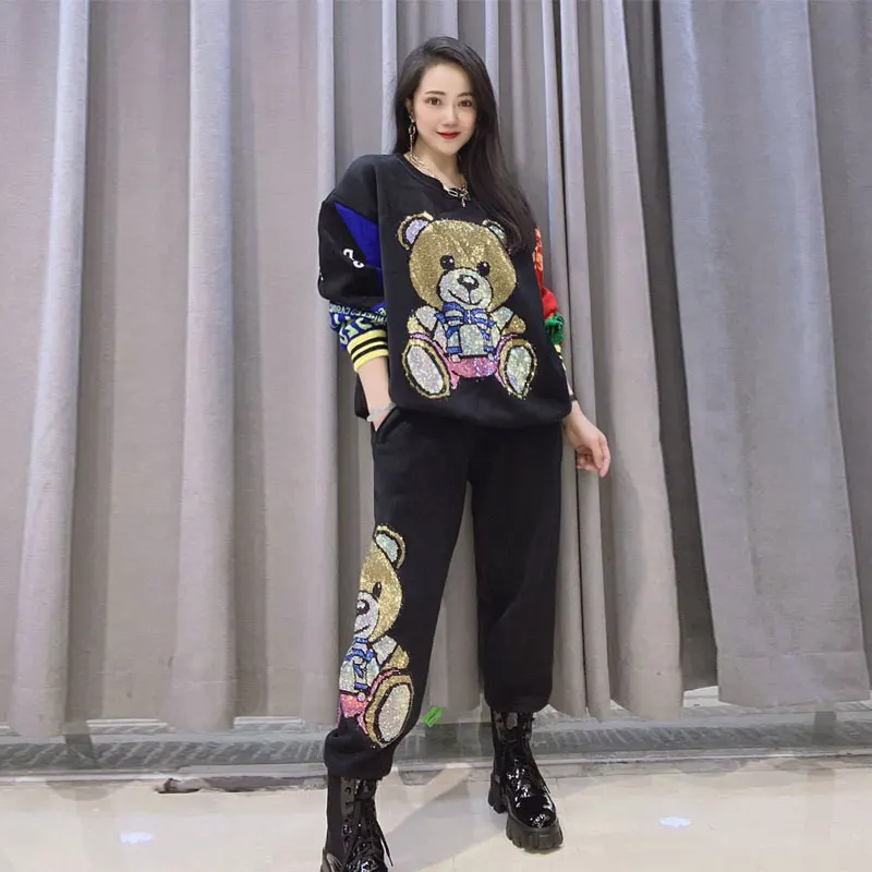Spring and Autumn Black Diamond Cartoon Bear Tracksuit Women Knitting Two Piece Sets Sweatshirt Pants |