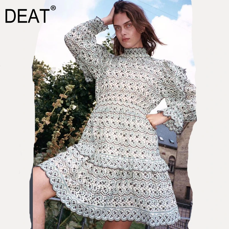 

DEAT 2020 new summer fashion women clothes ruffles collar flare sleeves printed high waist pullover vacation dress WK51903L