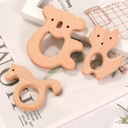 Bonito animal do bebê mordedor anéis dentição infantil mastigar brinquedos de madeira de faia titular mordedor artesanal chupeta anéis diy acessórios