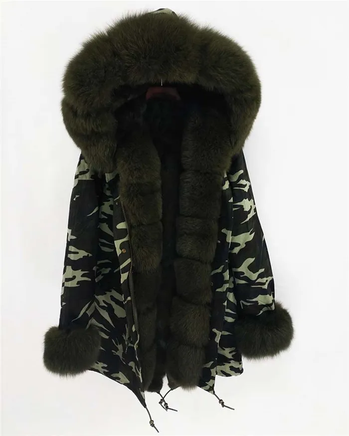 Camouflage shell 1 Новинка, Длинная зимняя куртка, Женская куртка с натуральным мехом, натуральный Лисий мех, с капюшоном, с подкладкой из кролика, верхняя одежда - Цвет: Camouflage shell 1