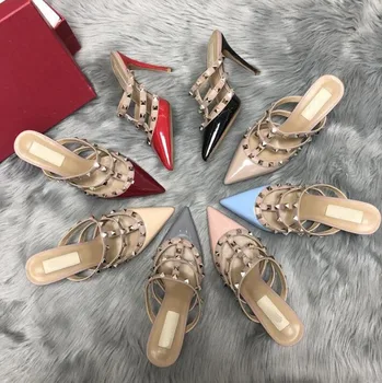 

2020 Summer Top Brand Designer's New Rivet Shoes Women 8CM 10CM Pointed Toe High Heel Slippers Leather Sandals