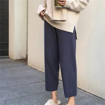 

Winter High Waist Women Wide Leg Pants Knitting Woolen Elegant Korean Style Ankle-Length Pant Female 2019 Autumn Fashion Bottoms
