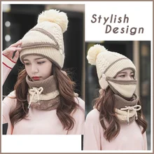 

Knitted Winter Set Women Pompom Beanie Hat Cap Snood Scarf Warm Thickend Knitted Hat Circle Scarf Neck Warmer Face Cover Set