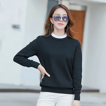 

2019 new autumn and winter women's fake two-piece pullover round neck knitted sweater black