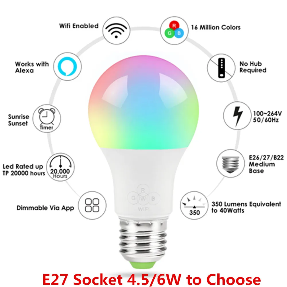 E27 смарт-лампочка WiFi RGBW Диммируемый светодиодный светильник Лампа Волшебная Bluetooth 4,0 умный светильник ing лампа Пробуждение светильник s для домашнего отеля