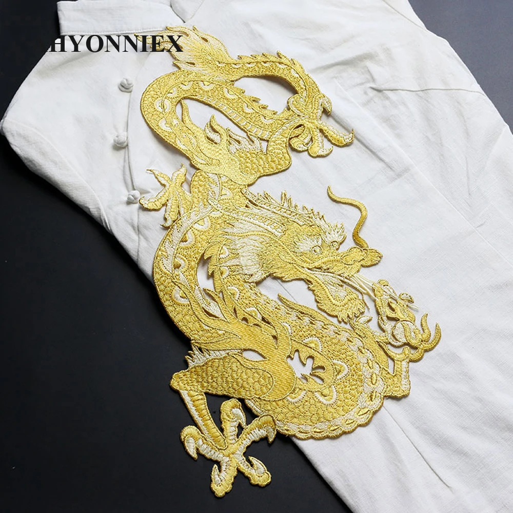 Große Größe Goldene Silber Drachen Bestickt Patch Nähen Auf Bekleidungs Applikationen Patches für Mode Cheongsam Kleid DIY Zubehör