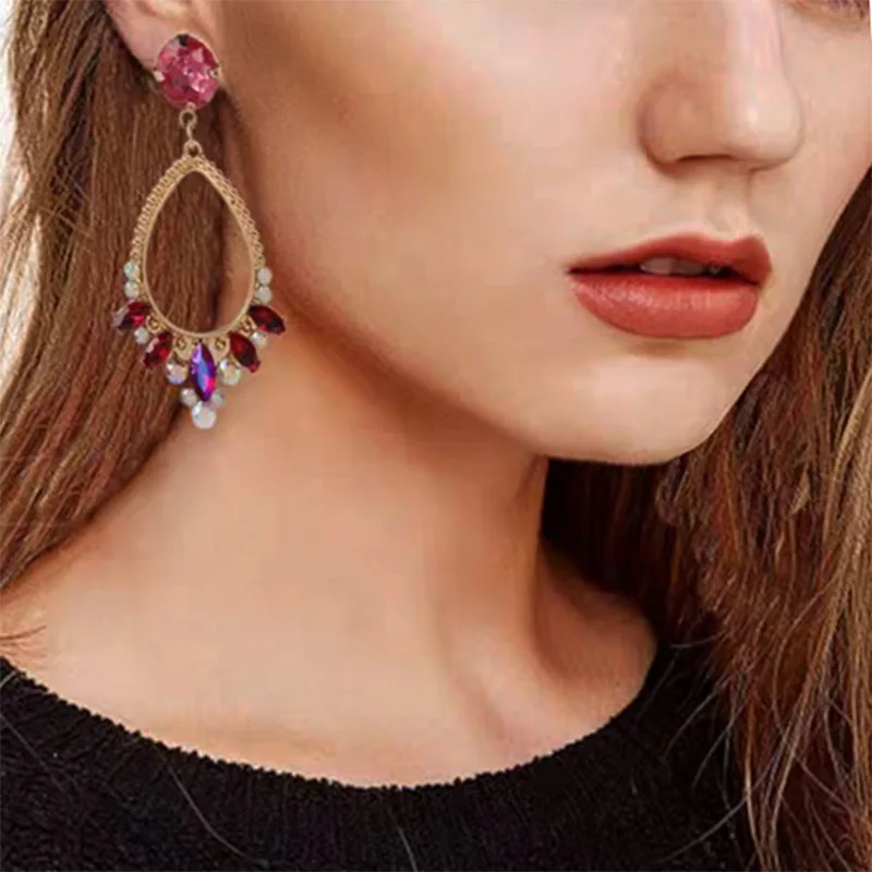 

New Statement Water Drop Hollow Metal Earrings for Women 2019 Luxury Big Colorful Crystal Dangle Earrings Fashion Party Jewelery