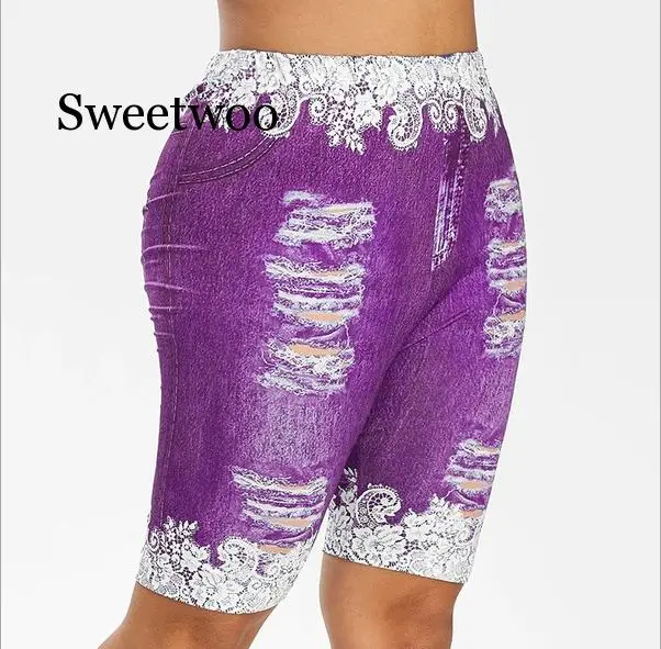 Women Pants Shorts Leggings Summer Fake Denim Ladies Short Pants Summer Floral Printed High Waist Female Shorts D30