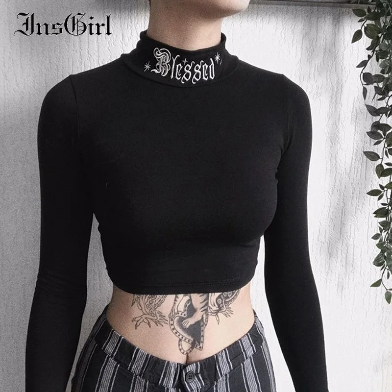 

InsGirl Dark Goth T-shirt Women Blessed Letter Embroidered Turtleneck Slim Tumblr Clothes Y2K E-girl Punk Street Bottom Top Tees