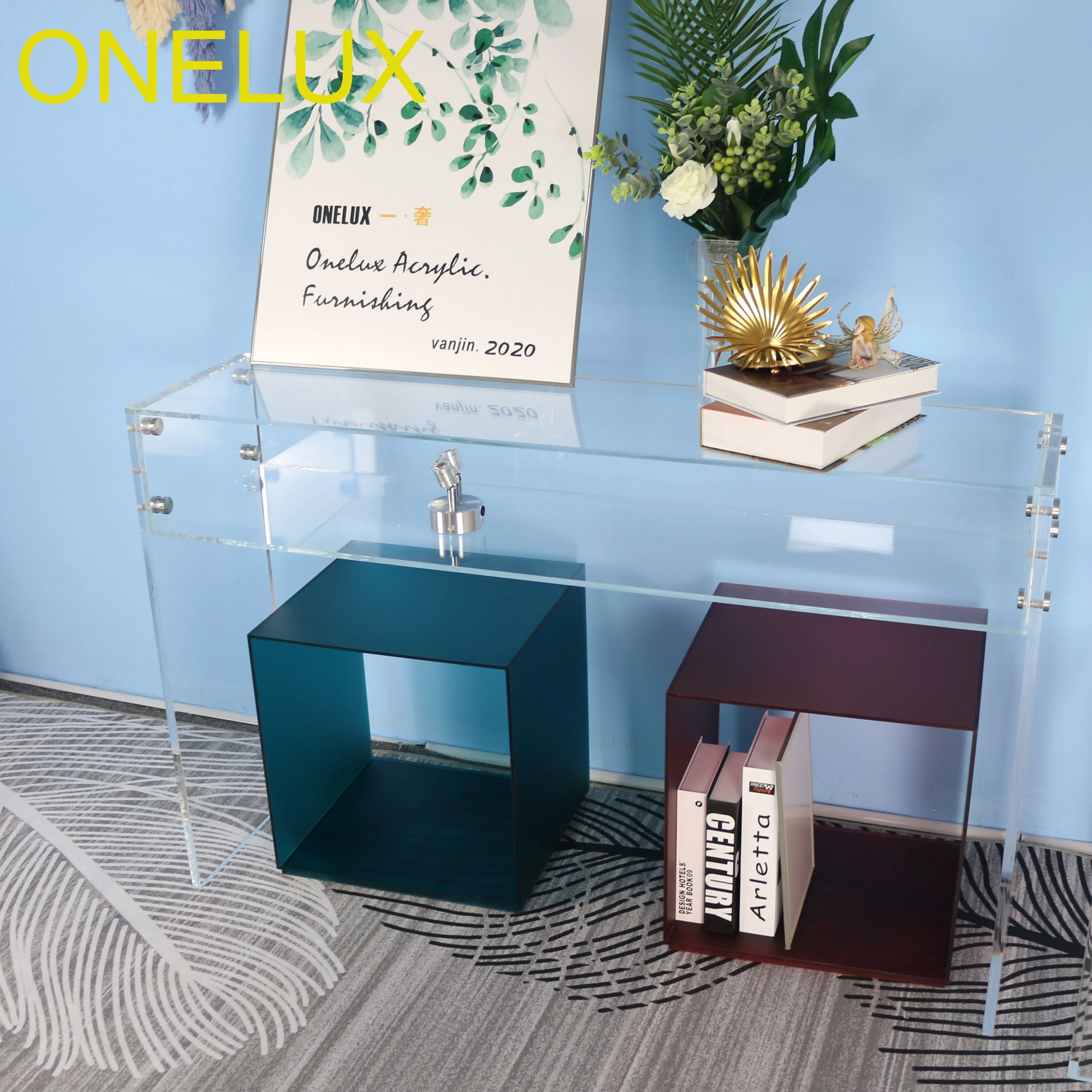 Flat Packed Clear Arylic Hallway Desk,Clear Boutique/Wedding/Console Table,Decorative Stand 80W30D76H cm 