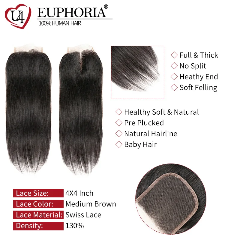 Бразильские Прямые Натуральные кудрявые пучки волос с кружевной застежкой 4*4 EUPHORIA натуральный цвет Remy человеческие волосы для наращивания