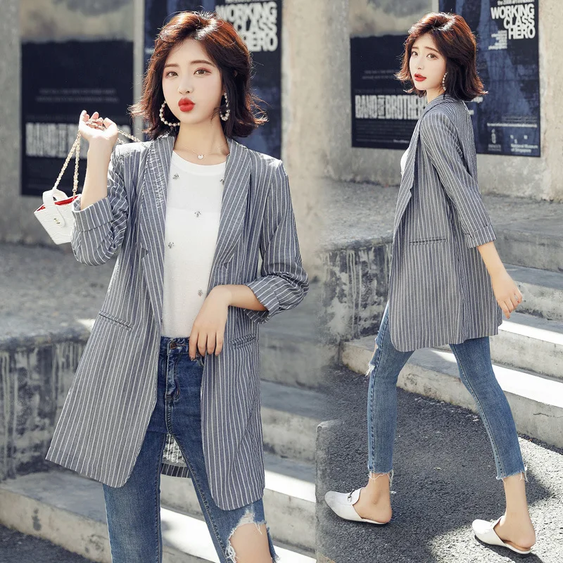 

2019 Autumn Clothing New Style Online Celebrity Small Suit Coat Women's Korean-style Stripes Spring And Autumn Linen CHIC Suit