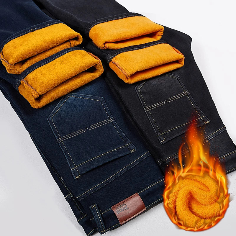

Plus Size 42 44 46 48 2019 Winter New Men's Warm Jeans Classic Style Fashion Straight Denim Elastic Trousers Male Brand Pants
