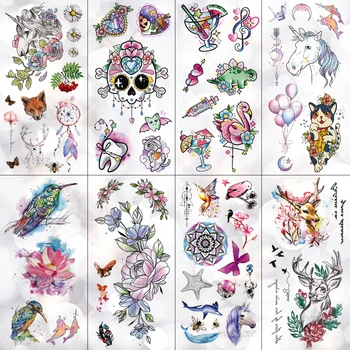 

Sugar Skull Unicorn Flamingo Waterproof Temporary Tattoo Sticker Flower Deer Flash Tattoos Body Art Fake Arm tatoo Women