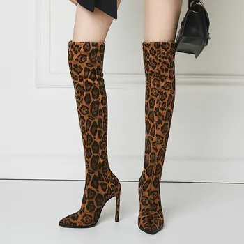 

Sexy Leopard Stretch Thigh High Boots Women 2019 Winter Stiletto Heel Over the Knee Boots Beige Yellow Pointed Toe Long Boots