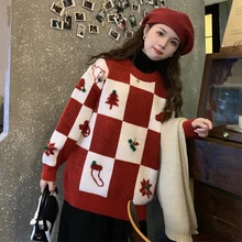 

2022 Fall Loose Checkerboard Christmas Sweater for Women Warm Winter Long Sleeve Thick Sweet Pullover Round Neck Knitwear Top