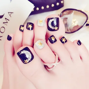 

24Pcs/box Foot False Nail Tips With Glue Sticker Toe Art Tool Sliver Moon Star Rivets Style Black acrylic Fake Toesnail press on