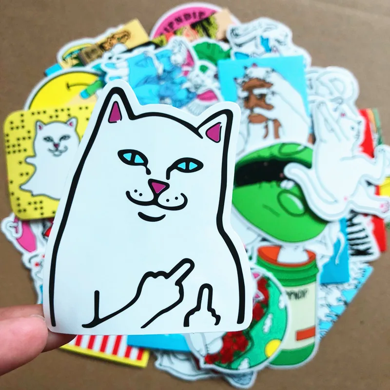 

50pcs hot pin Middle Finger cat graffiti ripndipp waterproof sticker For Fridge Travel Suitcase Bike Sliding Plate Car Styling