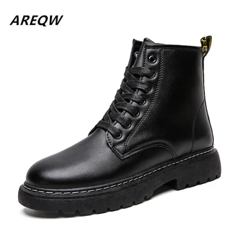 

2019 Autumn and Winter Solid Color High To Help Warm Men's Flat Non-slip Ankle Boots Soft and Comfortable Men's Boots