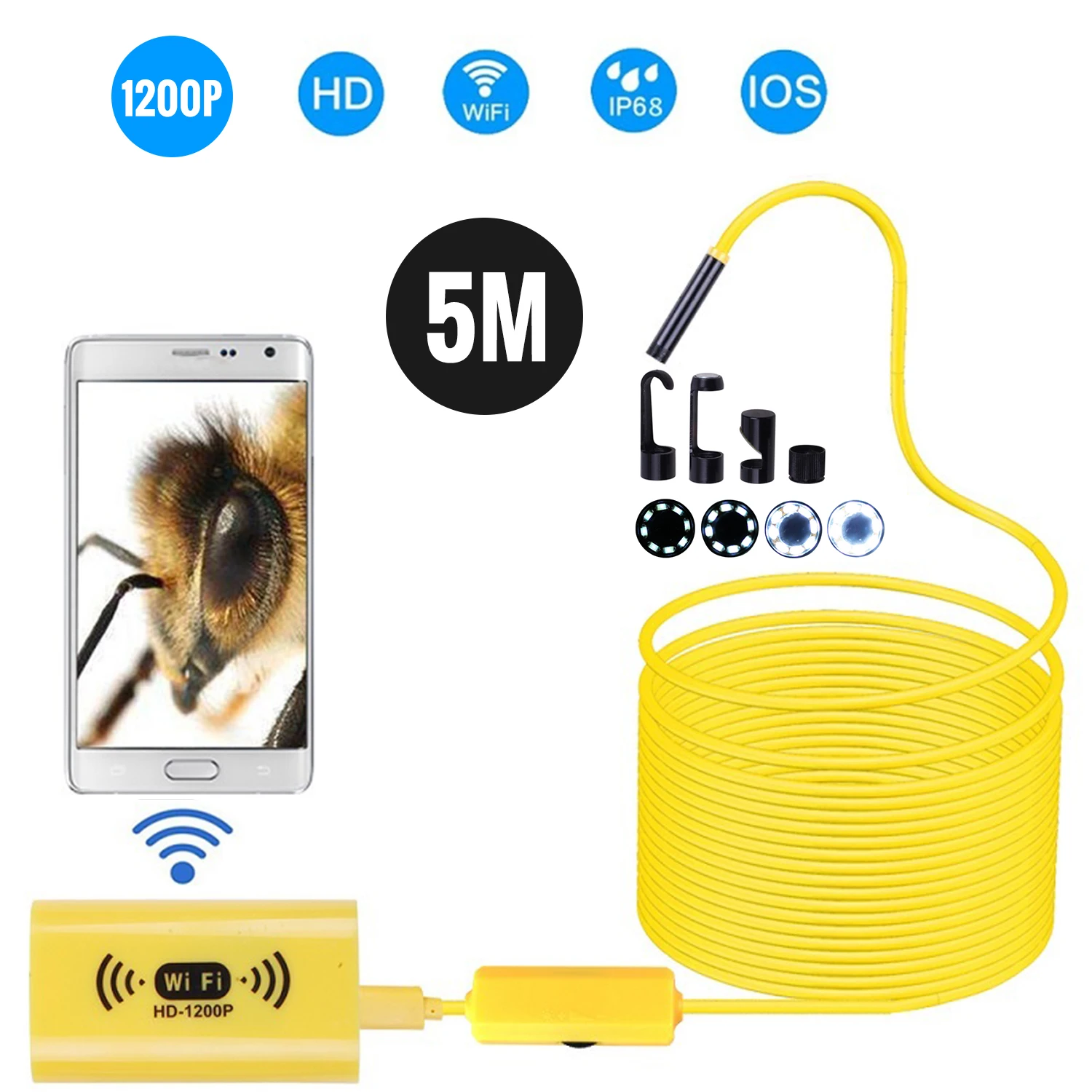 8 мм беспроводной Эндоскоп камера IP68 Водонепроницаемый черный/желтый WiFi осмотр