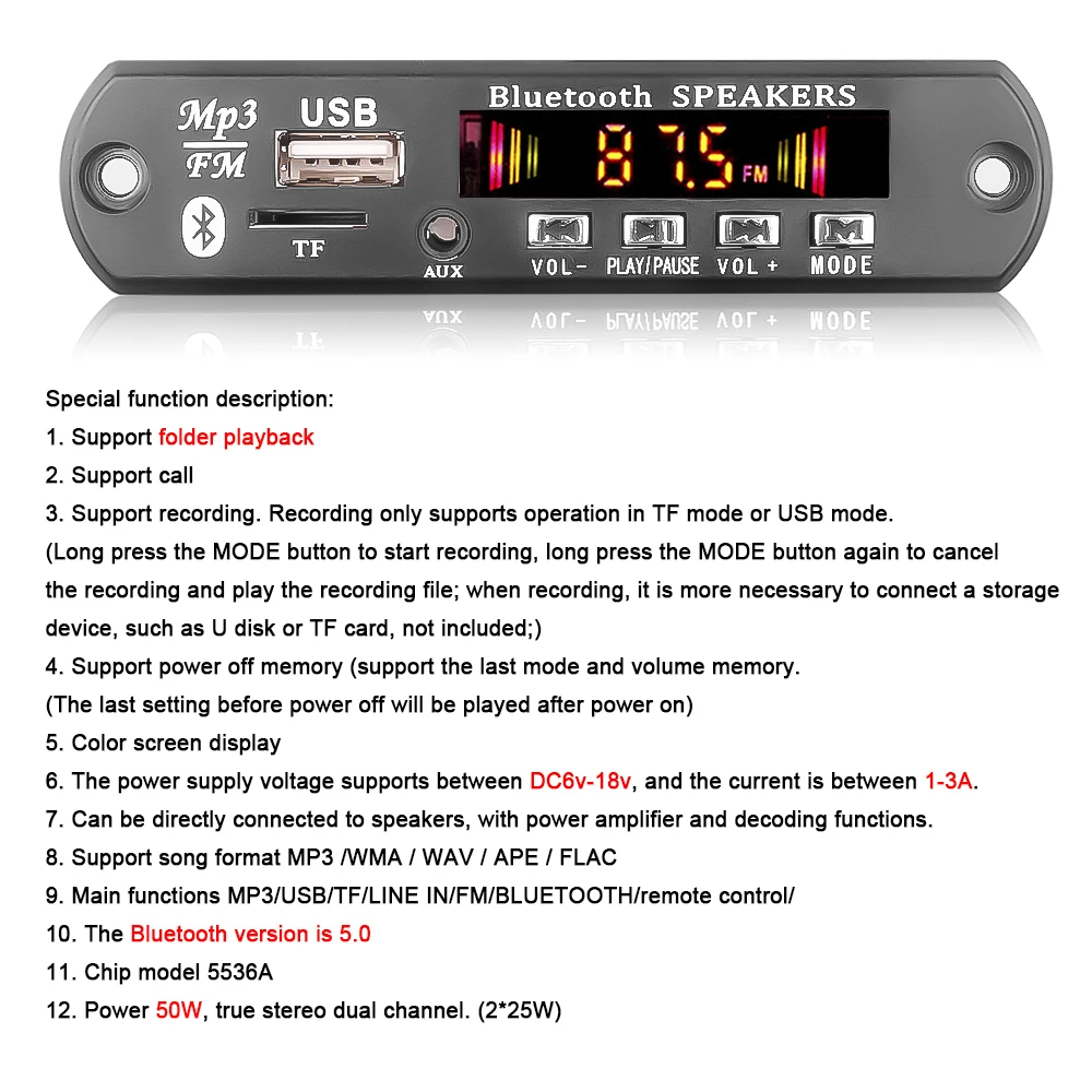 6W 50W Amplifier Handsfree MP3 Player Decoder Board 5V 12V 18V Bluetooth 5.0 Car FM Radio Module Support FM TF USB AUX Recorders sony walkman mp3 MP3 Players