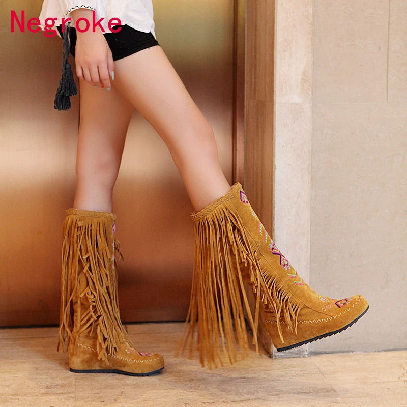 

New Nation Style Flock Leather Women Fringe Flat Heels Long Boots Woman Tassel Knee High Boots Autumn Winter Plus Size 43