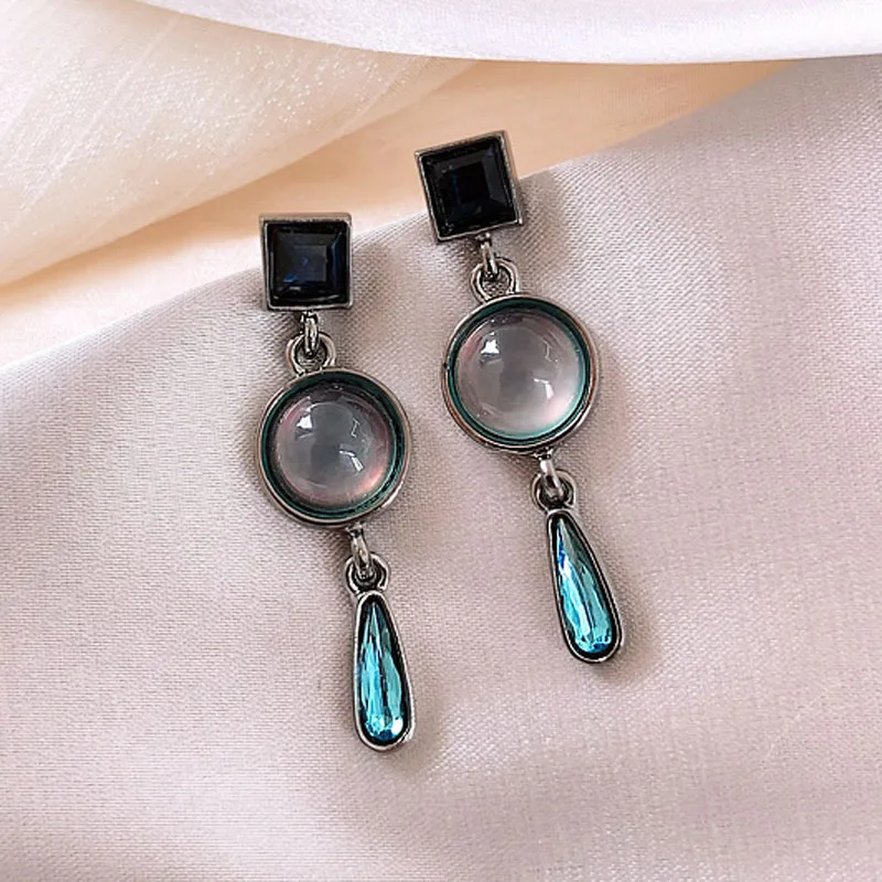 

MOONROCY Opal Earrings Vintage Retro Silver Color Long Blue Drop Earring for Women Girsl Gift Dropshipping Jewelry Wholesale