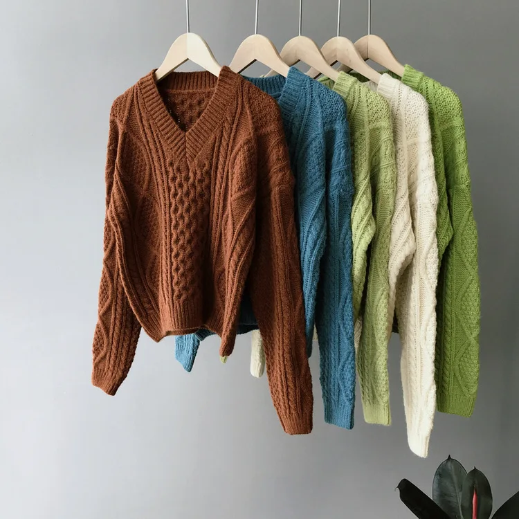 Короткий свитер женские пуловеры с v-образным вырезом витой длинный рукав трикотажные укороченные топы винтажные осенние однотонные геометрические вязаные джемперы