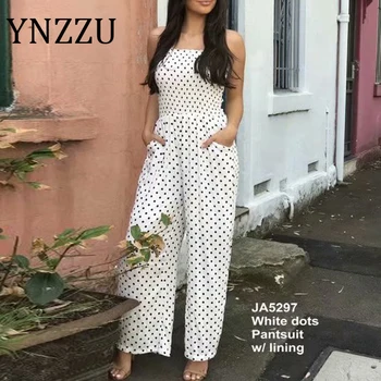 

YNZZU Elegant Polka Dot Jumpsuit Summer Overalls for Women 2020 Women's Loose Strap Wide Leg Romper with Pockets AJ050